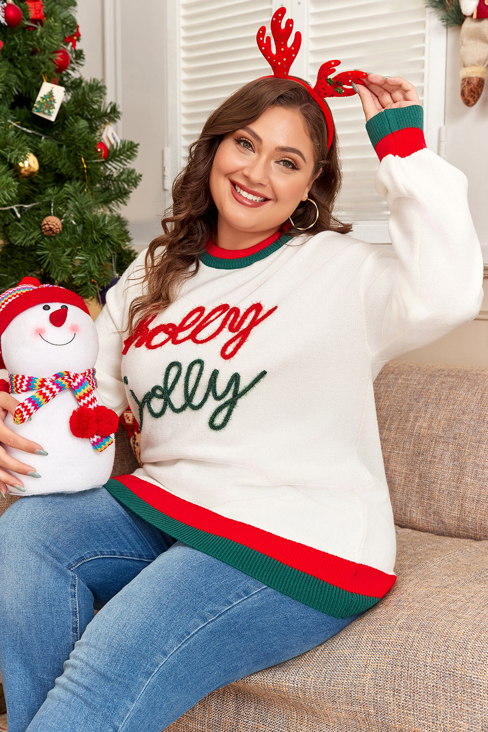 White Tinsel holly jolly Pattern Colorblock Edge Drop Shoulder Plus Size Sweater White 50%Viscose+28%Polyester+22%Polyamide Plus Size Sweaters & Cardigans JT's Designer Fashion