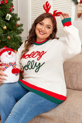 White Tinsel holly jolly Pattern Colorblock Edge Drop Shoulder Plus Size Sweater White 50%Viscose+28%Polyester+22%Polyamide Plus Size Sweaters & Cardigans JT's Designer Fashion