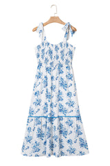 Sky Blue Floral Print Shirred Knot Shoulder Sleeveless Long Dress Floral Dresses JT's Designer Fashion