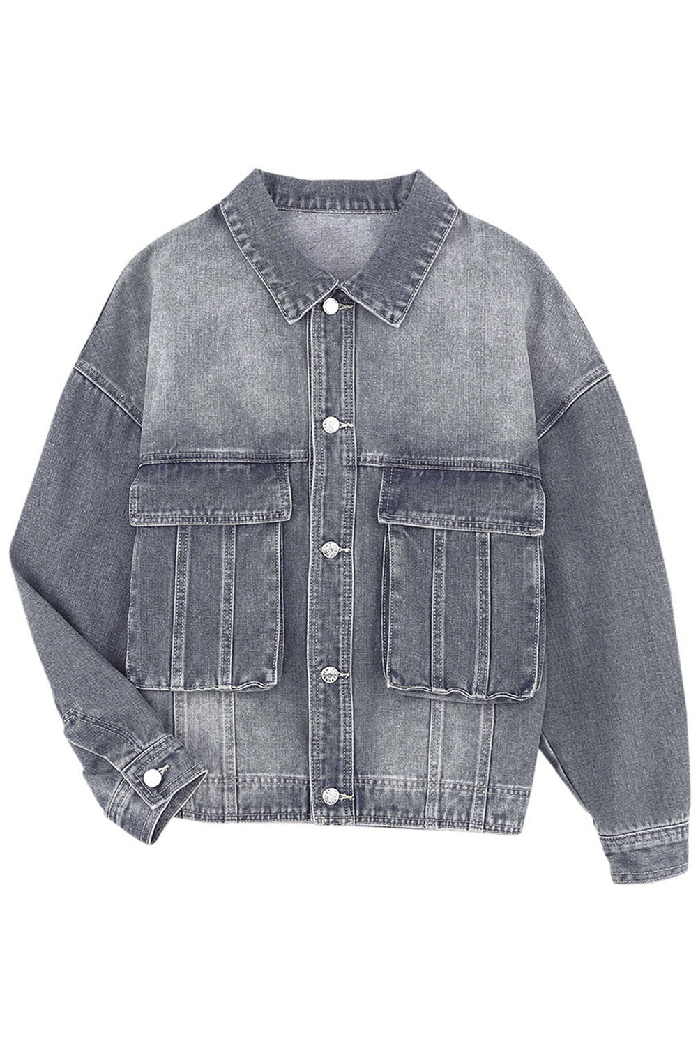 Gray Chest Pockets Drop Shoulder Loose Denim Jacket Denim Jackets JT's Designer Fashion