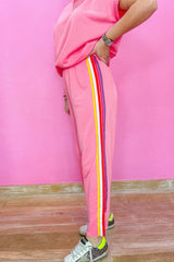 Bonbon Color Contrast Crewneck T Shirt and Wide Leg High Waist Pants Set Pant Sets JT's Designer Fashion