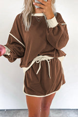 Coffee Color Contrast Loose Pullover and Lace-up Waist Skort Set Two Piece Dresses JT's Designer Fashion