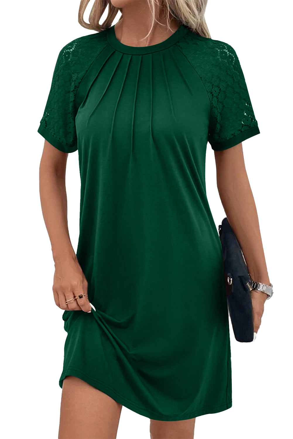 Green Contrast Lace Raglan Sleeve Pleated Detail Shift Dress T Shirt Dresses JT's Designer Fashion
