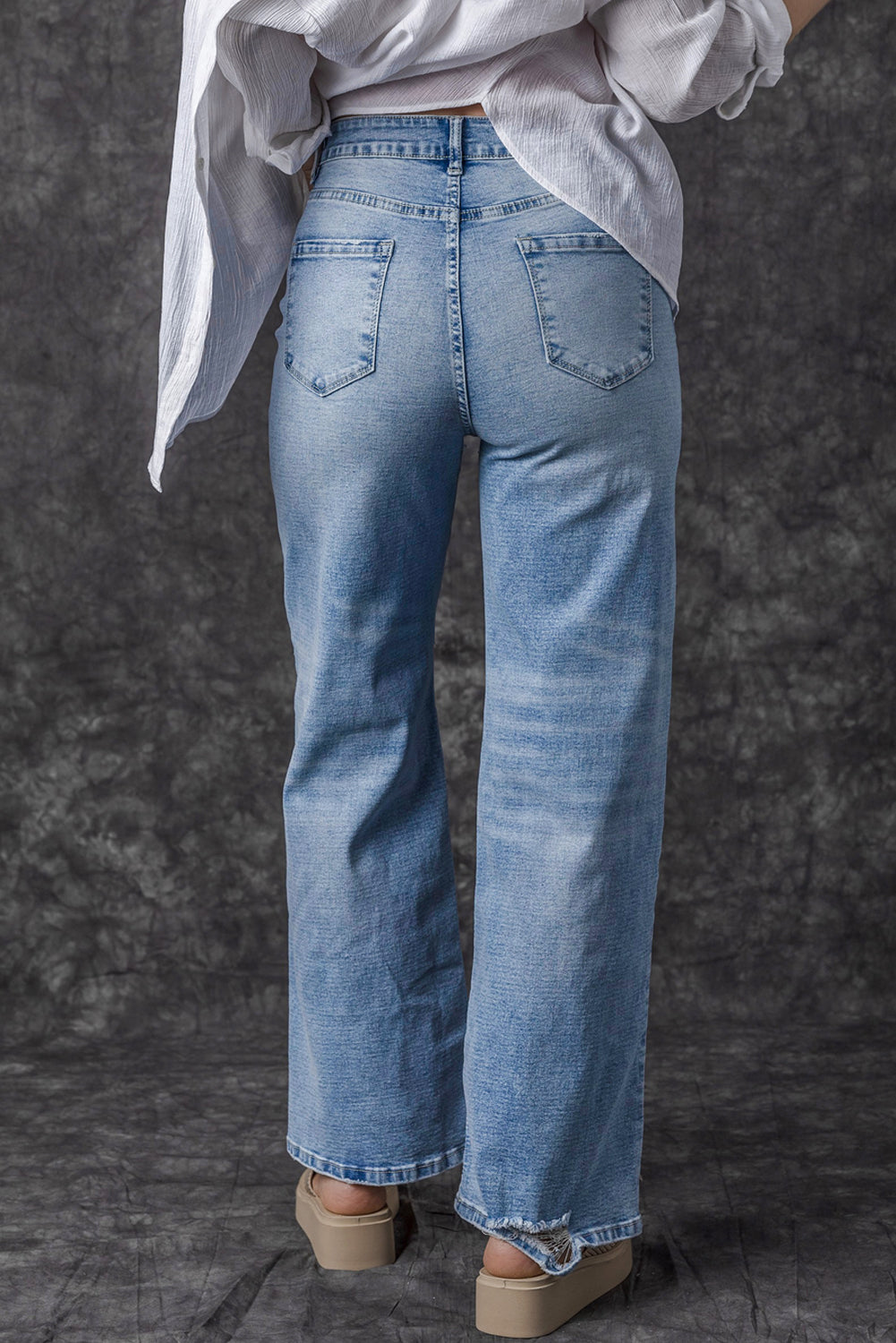 Light Blue High Rise Distressed Straight Leg Jeans Jeans JT's Designer Fashion