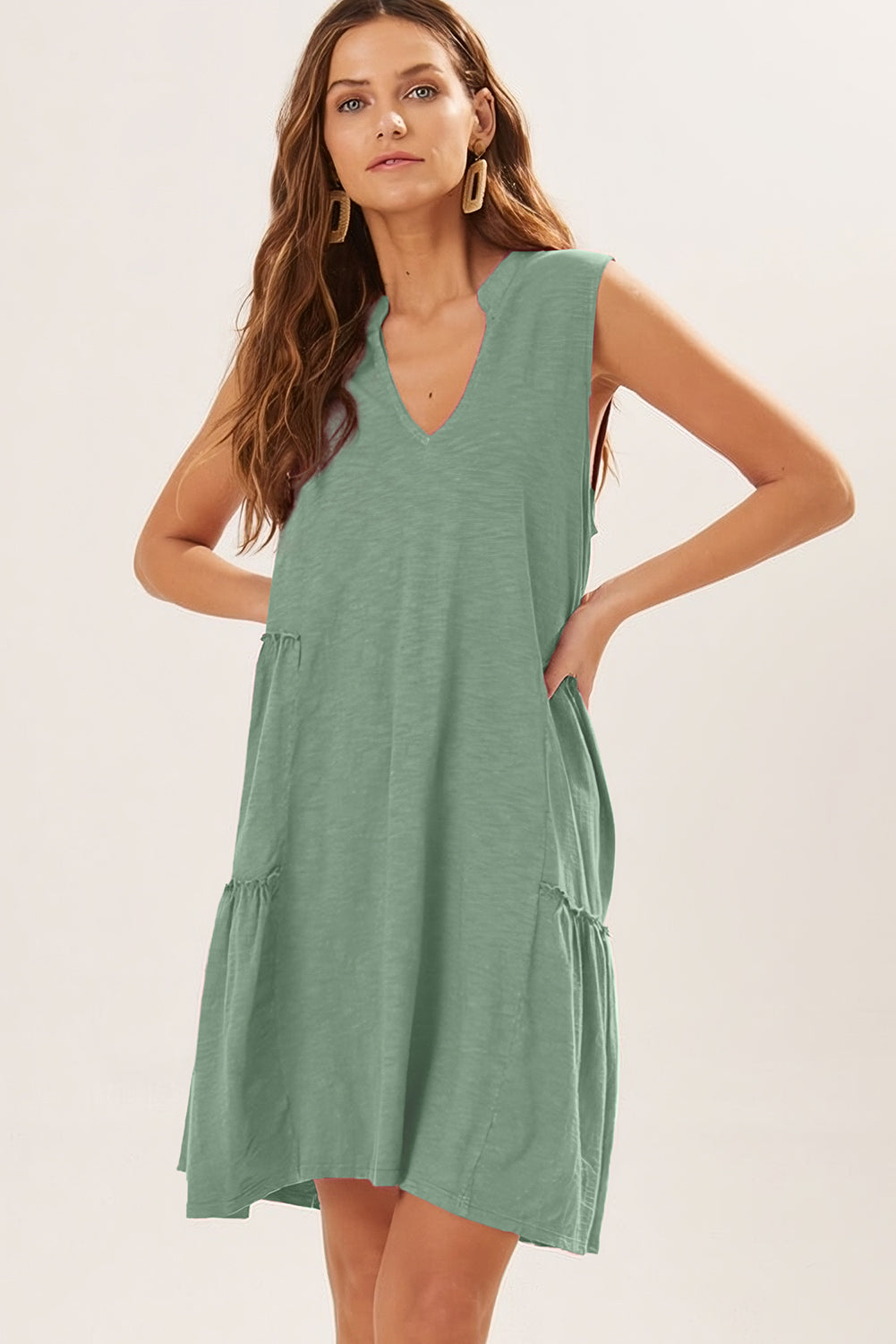 Moonlight Jade Split V Neck Tiered Flowy Sleeveless Dress Dresses JT's Designer Fashion