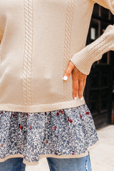 Beige Cable Texture Bohemian Ruffle Hem Patchwork Sweater Sweaters JT's Designer Fashion