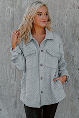 Gray Retro Quilted Flap Pocket Button Shacket Jackets JT's Designer Fashion