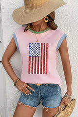 Pink Colorblock Edge Twisted Rib Texture Sequin American Flag Casual T Shirt Graphic Tees JT's Designer Fashion