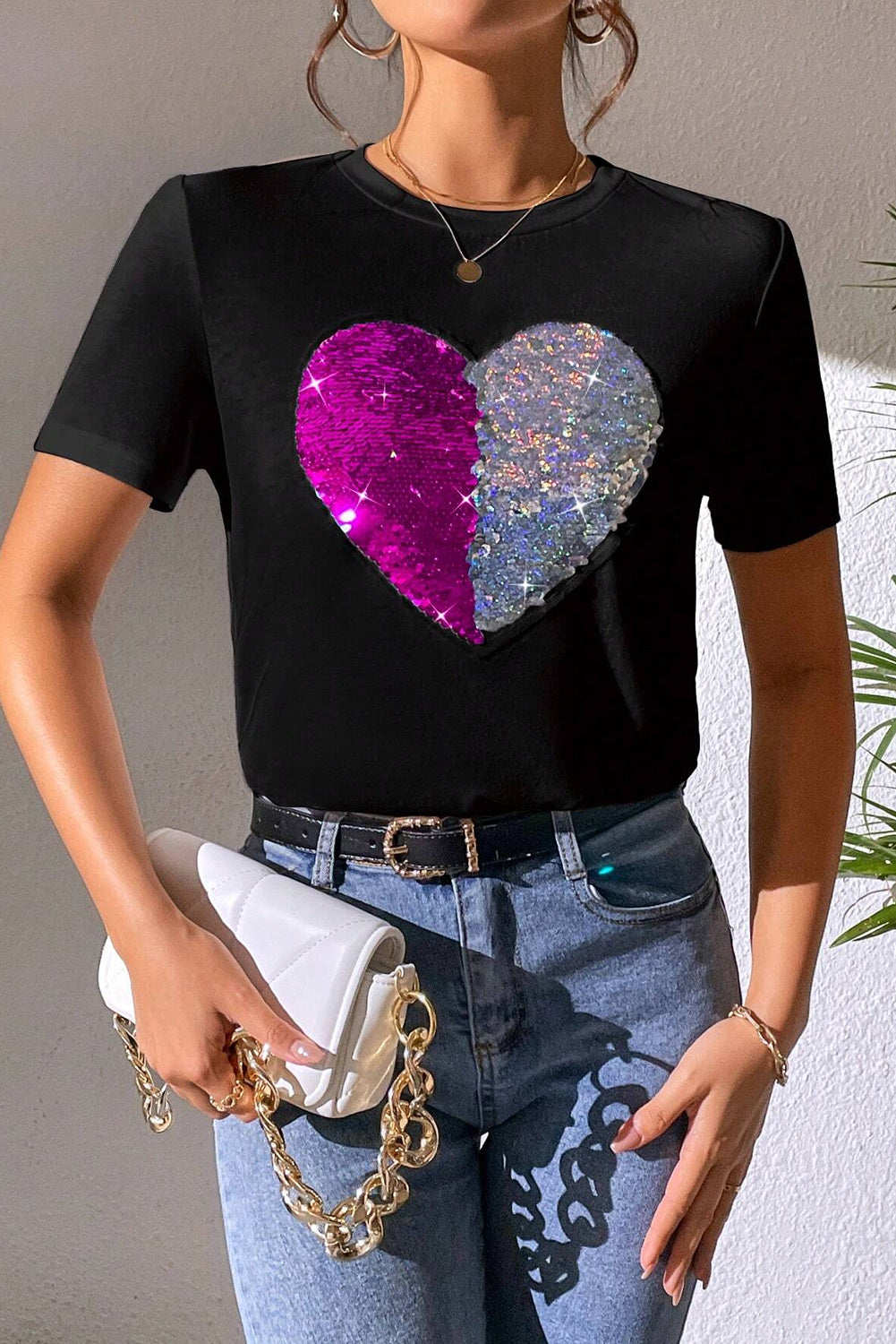 Black Valentine Two Tone Sequined Heart Shaped Graphic T Shirt Graphic Tees JT's Designer Fashion