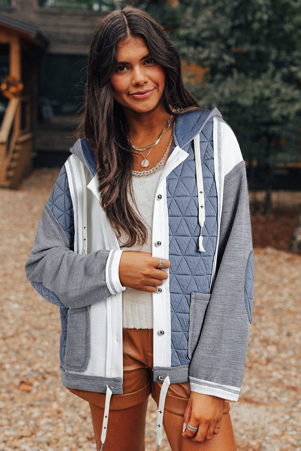 Light Blue Quilted Textured Patchwork Loose Fit Hooded Jacket Jackets JT's Designer Fashion