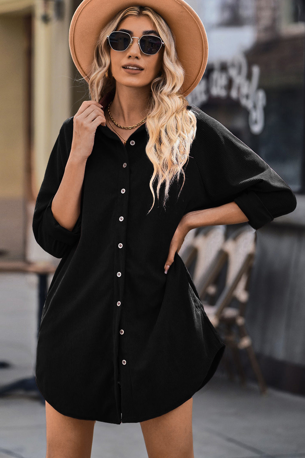 Black Corduroy Shirt Style Full Button Long Sleeve Shift Mini Dress Mini Dresses JT's Designer Fashion