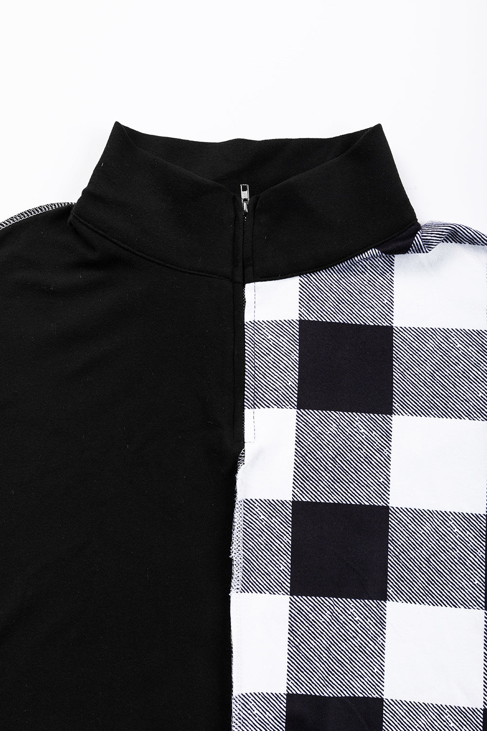 Black Checkboard Patchwork Exposed Stitching Collared Top Long Sleeve Tops JT's Designer Fashion