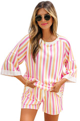 Pink Stripe Drop Shoulder Half Sleeve Loose Tee and Shorts Casual Set Short Sets JT's Designer Fashion