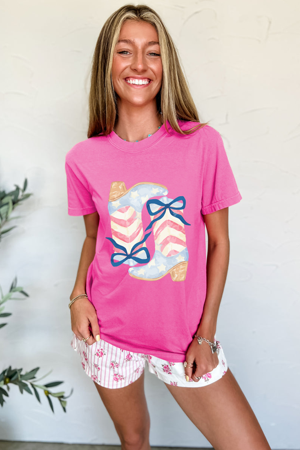 Sachet Pink Flag Pattern Boots Bow Accent Casual Graphic Tee Graphic Tees JT's Designer Fashion