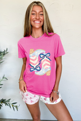 Sachet Pink Flag Pattern Boots Bow Accent Casual Graphic Tee Graphic Tees JT's Designer Fashion
