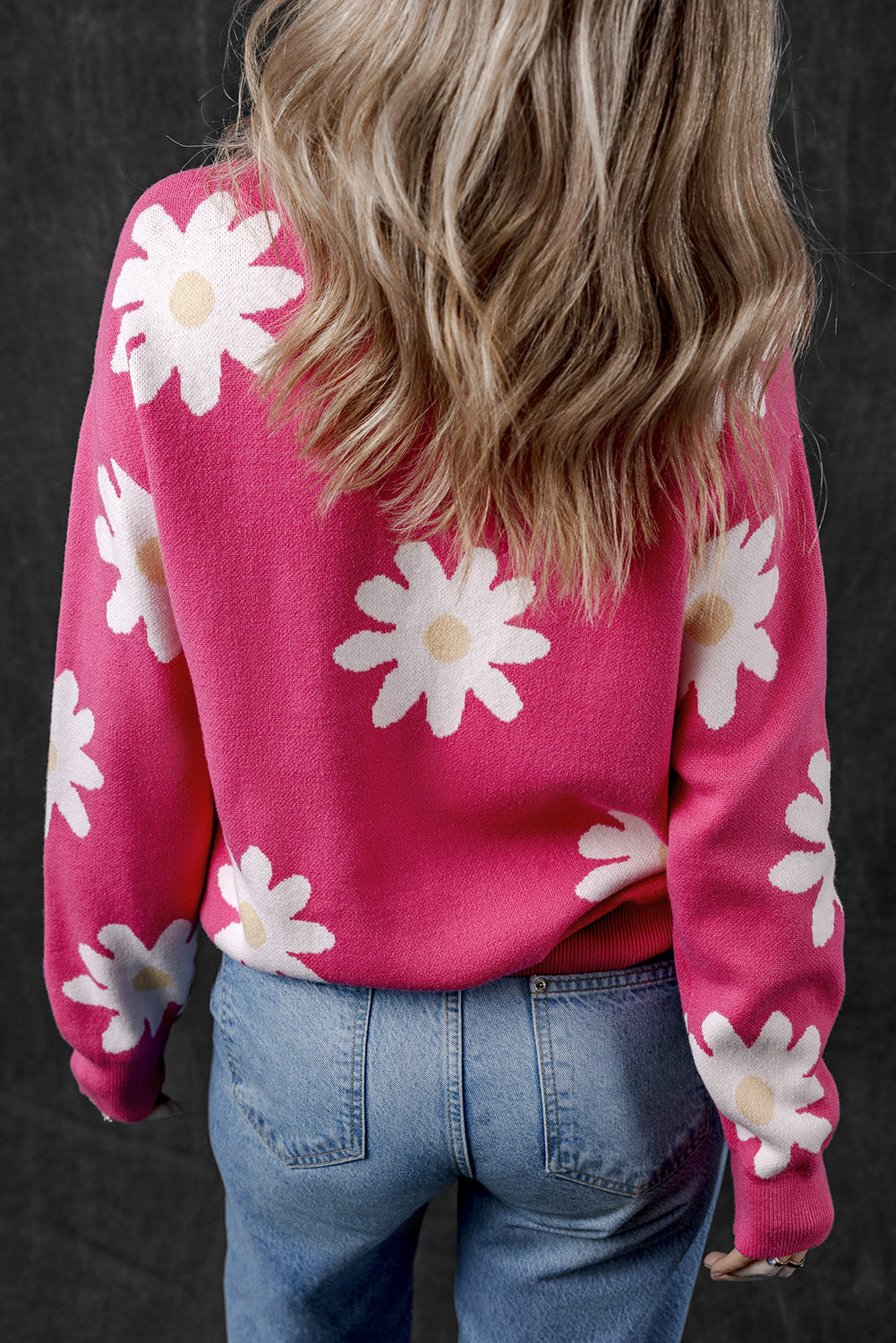 Bright Pink Daisy Flower Crew Neck Long Sleeve Sweater Sweaters JT's Designer Fashion