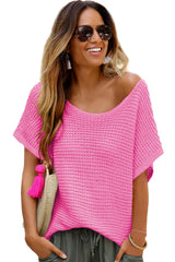 Pink Solid Loose Knit Short Dolman Sleeve Sweater Sweaters & Cardigans JT's Designer Fashion