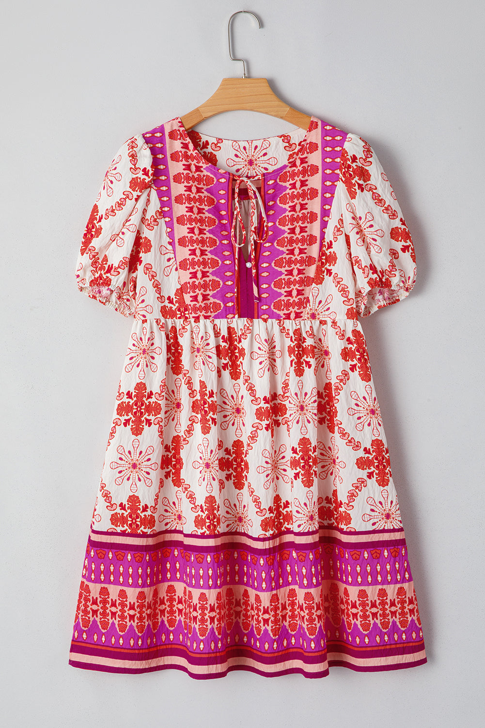 Rose Boho Floral Short Sleeve Lace-up V Neck Mini Dress Dresses JT's Designer Fashion