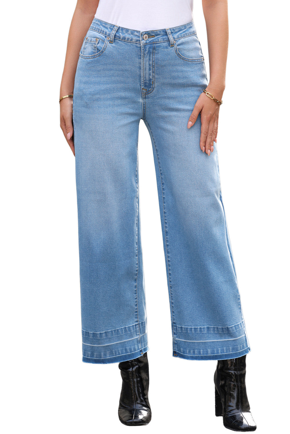 Dusk Blue Raw Hem Straight Leg Loose High Waist Jeans Jeans JT's Designer Fashion