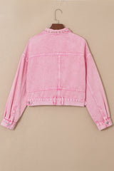 Pink Rivet Studded Pocketed Denim Jacket Denim Jackets JT's Designer Fashion