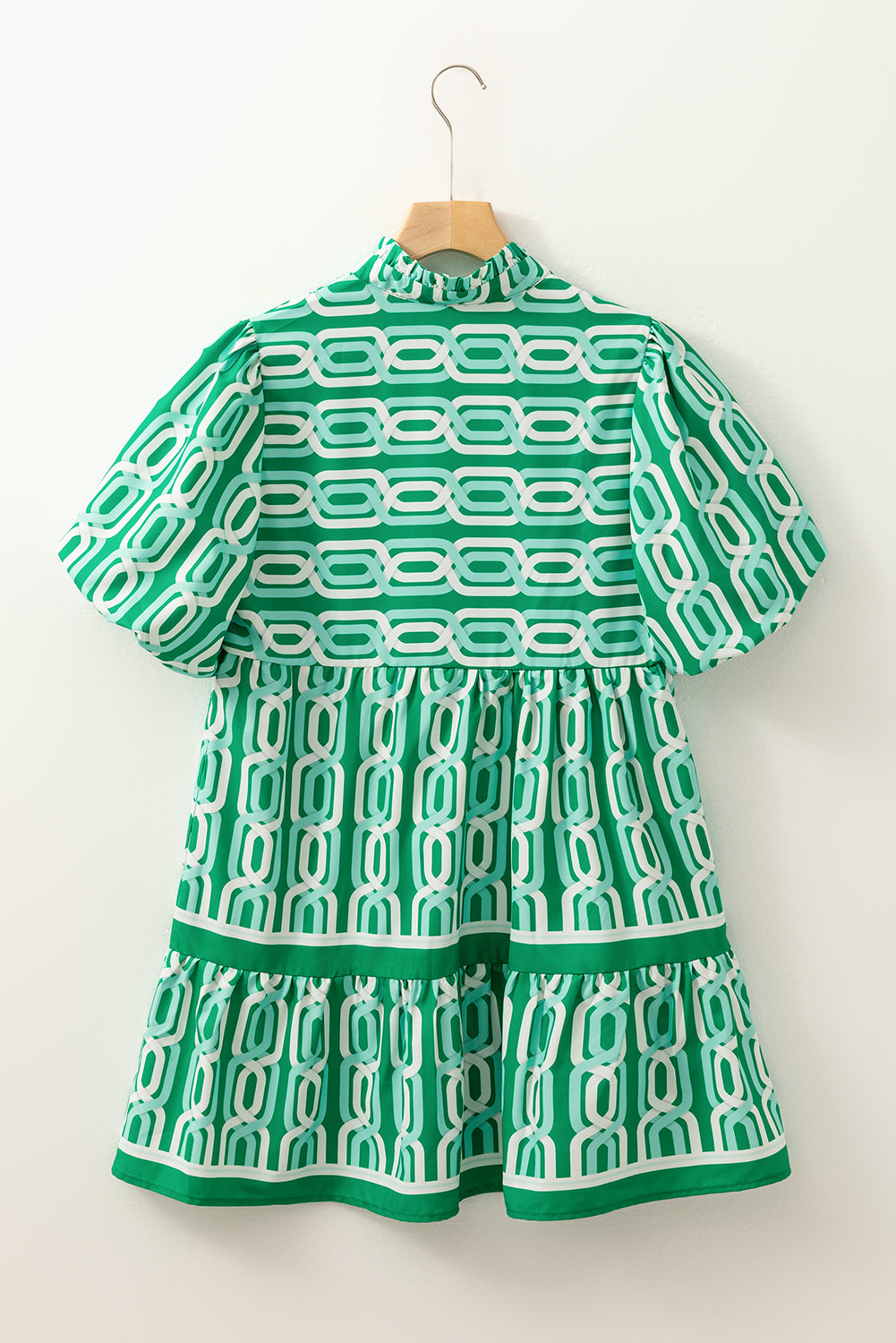Bright Green Abstract Patterned V Neck Puff Short Sleeve Mini Dress Mini Dresses JT's Designer Fashion