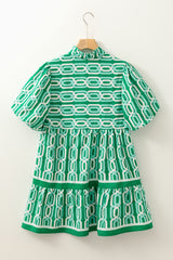 Bright Green Abstract Patterned V Neck Puff Short Sleeve Mini Dress Mini Dresses JT's Designer Fashion