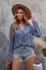 Blue Striped V Neck Pocket Long Sleeve Top Long Sleeve Tops JT's Designer Fashion