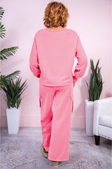 Sachet Pink Solid Color Patchwork Pullover Top and Cargo Pants Set Pant Sets JT's Designer Fashion