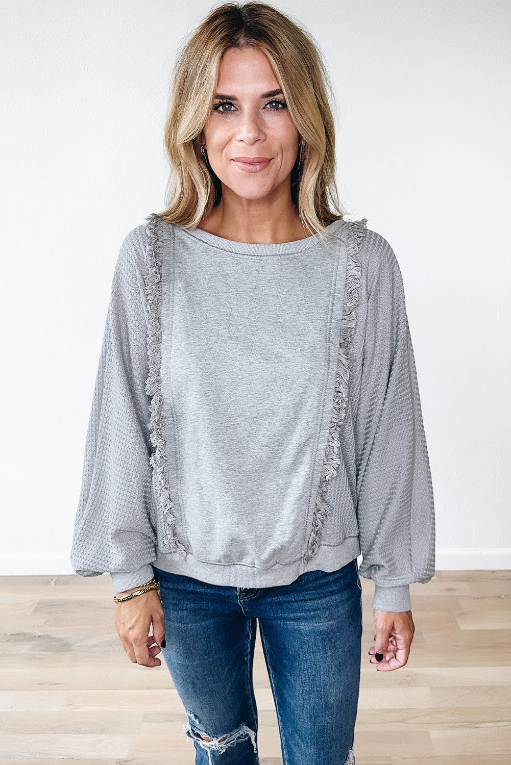 Light Grey Waffle Patchwork Long Sleeve Raw Hem Pullover Top Long Sleeve Tops JT's Designer Fashion