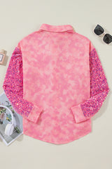 Apricot Pink Mineral Wash Sequin Patchwork Flap Pocket Shacket Jackets JT's Designer Fashion