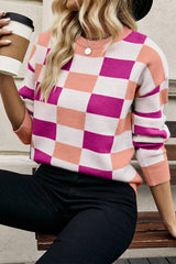 Pink Checkered Ribbed Edge O Neck Drop Shoulder Sweater Pink 50%Viscose+28%Polyester+22%Polyamide Sweaters JT's Designer Fashion