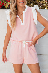 Light Pink Contrast Trim Ruffled Top and Drawstring Shorts Set Short Sets JT's Designer Fashion