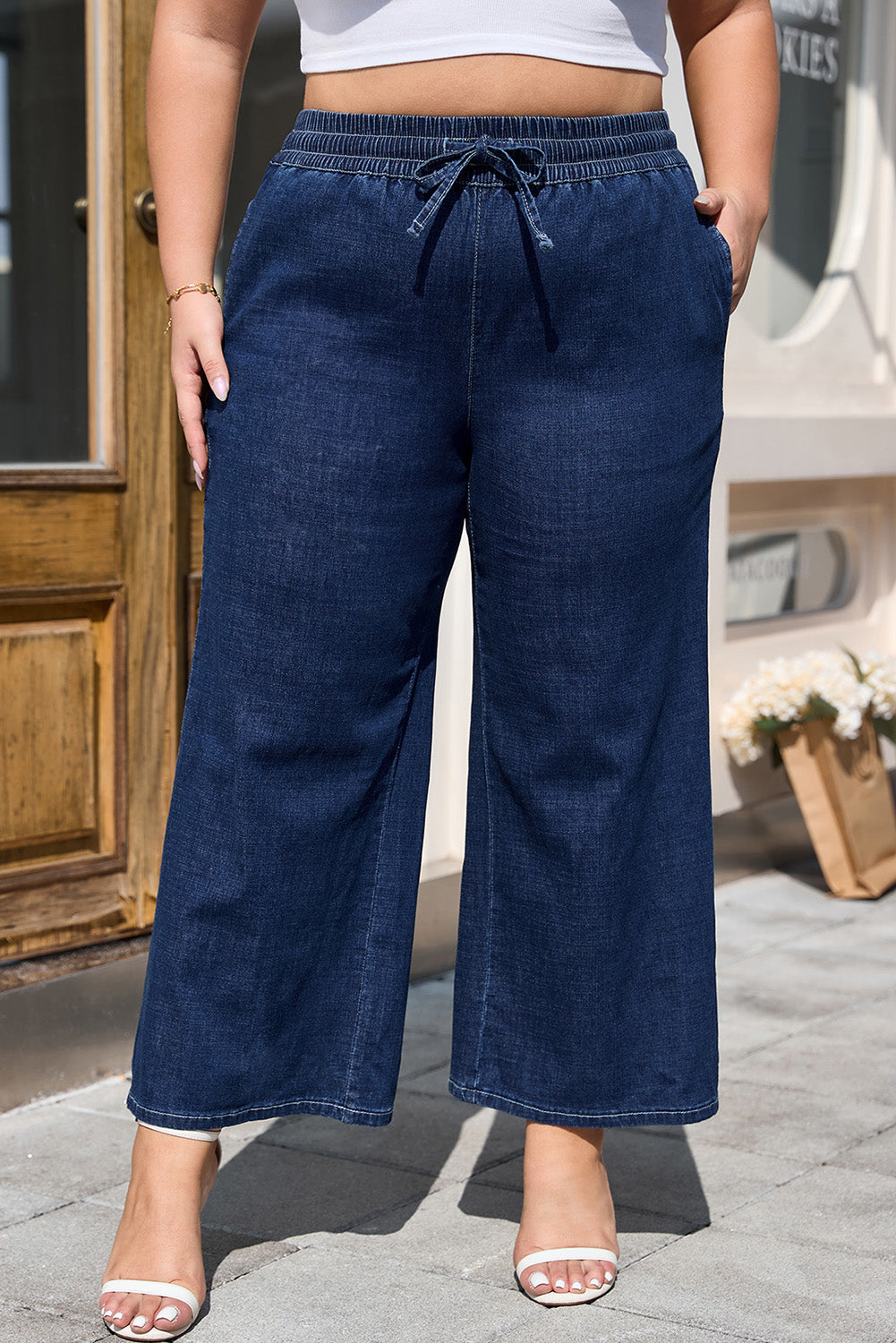 Real Teal Plus Size Drawstring High Waist Wide Leg Casual Jeans Real Teal 71%Cotton+27.5%Polyester+1.5%Elastane Plus Size Bottoms JT's Designer Fashion