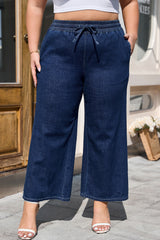 Real Teal Plus Size Drawstring High Waist Wide Leg Casual Jeans Real Teal 71%Cotton+27.5%Polyester+1.5%Elastane Plus Size Bottoms JT's Designer Fashion