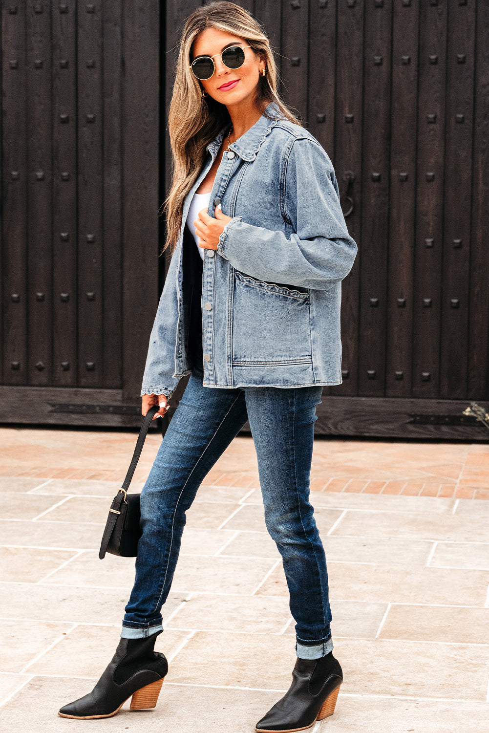 Myosotis Scallop Trim Collar Patched Pocket Button Up Denim Jacket Denim Jackets JT's Designer Fashion