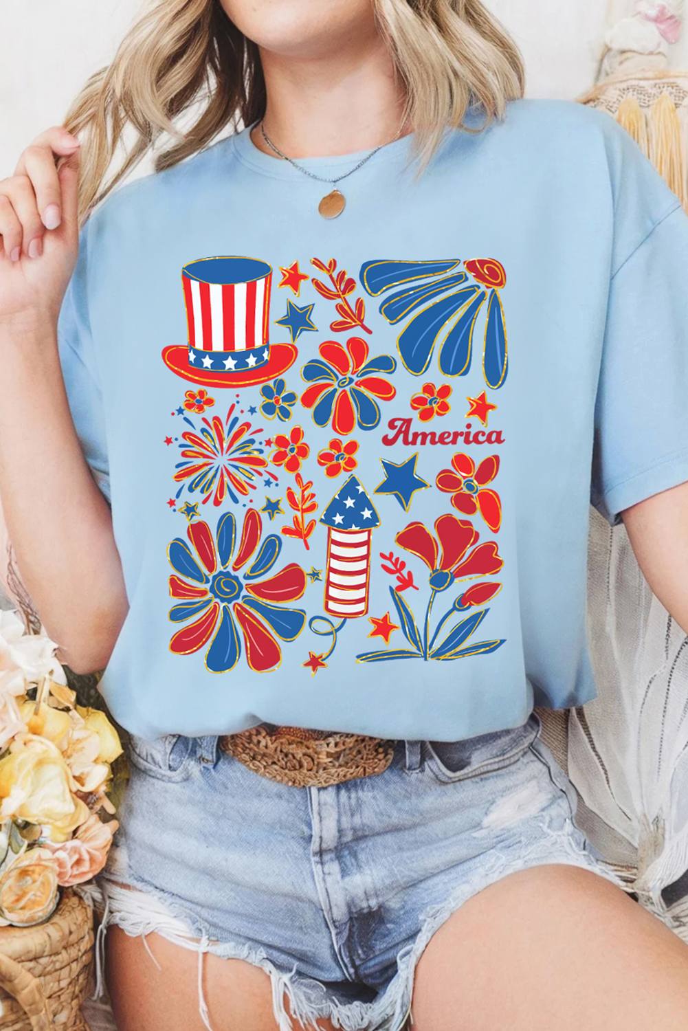 Light Blue America Floral Firework Print 4th of July T Shirt Graphic Tees JT's Designer Fashion