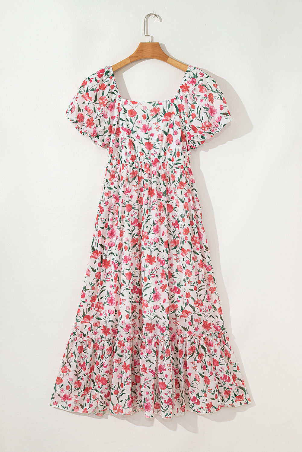 Pink Floral Puff Sleeve Square Neck Empire Waist Tiered Maxi Dress Floral Dresses JT's Designer Fashion