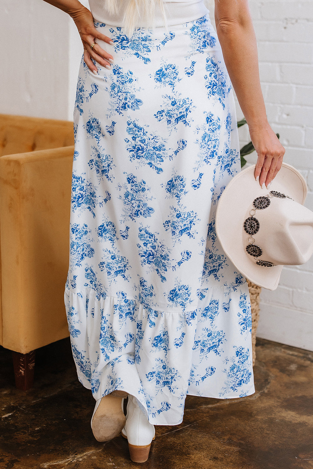 Sky Blue Boho Floral High Waist Ruffle Split Maxi Skirt Skirts & Petticoat JT's Designer Fashion