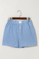 Blue Gingham Printed High Waist Shorts Casual Shorts JT's Designer Fashion