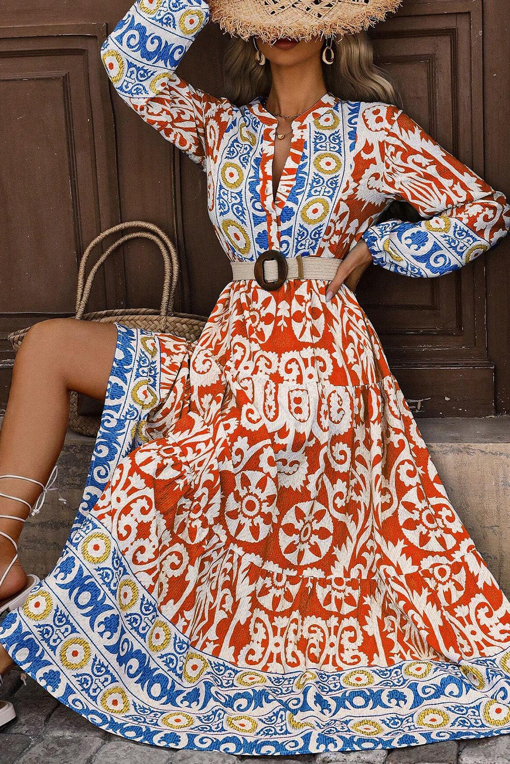Orange Boho Geometric Printed Long Sleeve Long Dress Maxi Dresses JT's Designer Fashion