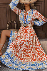 Orange Boho Geometric Printed Long Sleeve Long Dress Maxi Dresses JT's Designer Fashion