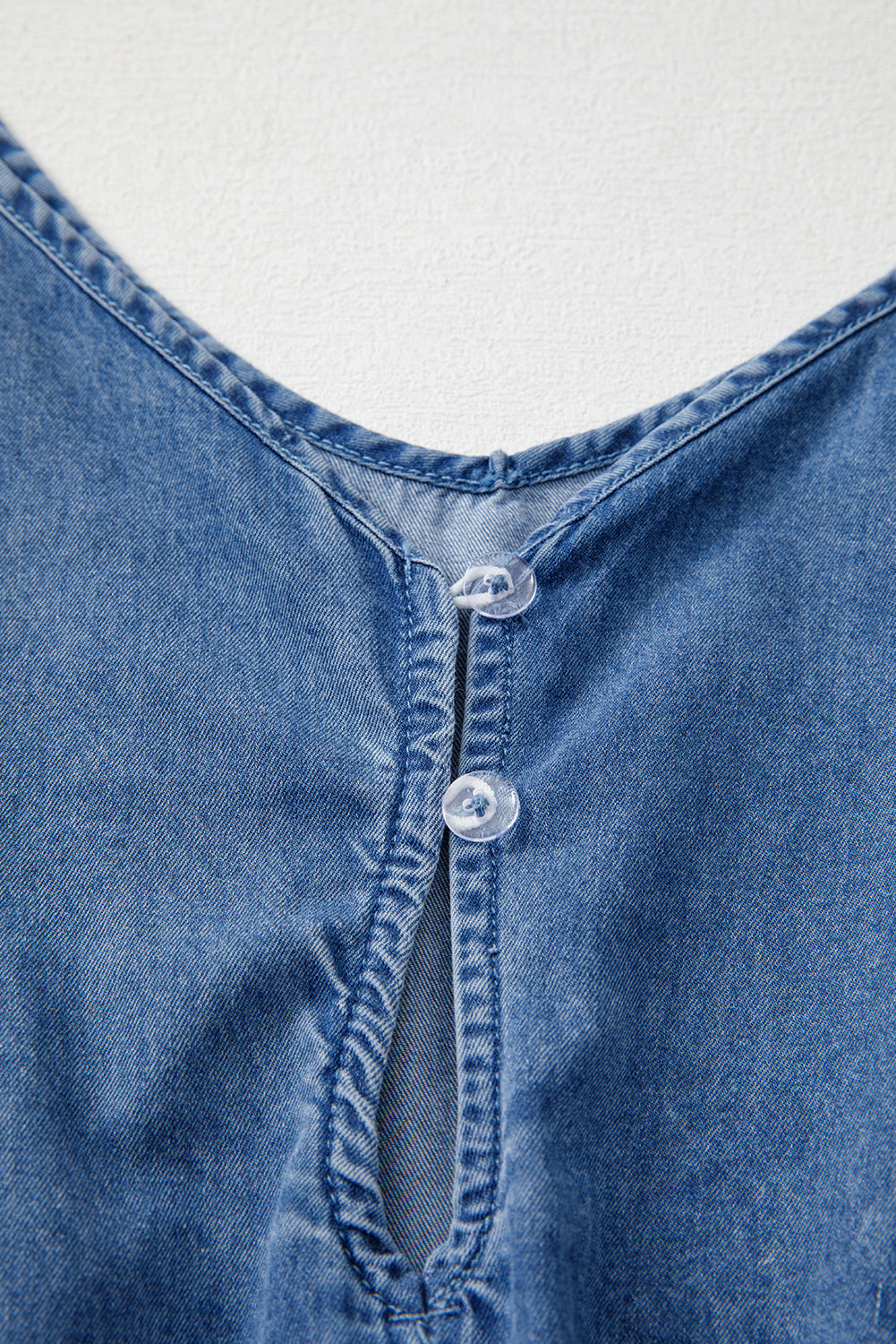 Ashleigh Blue Spaghetti Straps V Neck Belted Ruffled Leg Chambray Romper Bottoms JT's Designer Fashion