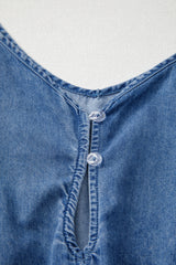 Ashleigh Blue Spaghetti Straps V Neck Belted Ruffled Leg Chambray Romper Bottoms JT's Designer Fashion