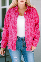 Pink Leopard Print Button Cuffs Raw Hem Jacket Denim Jackets JT's Designer Fashion