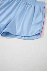 Beau Blue Color Block Stripes Elastic High Waist Active Shorts Casual Shorts JT's Designer Fashion