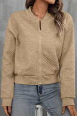 Pale Khaki Solid Geometric Textured Baseball Collar Jacket Jackets JT's Designer Fashion