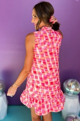 Pink Abstract Print Frilly Neck Sleeveless Mini Dress Dresses JT's Designer Fashion