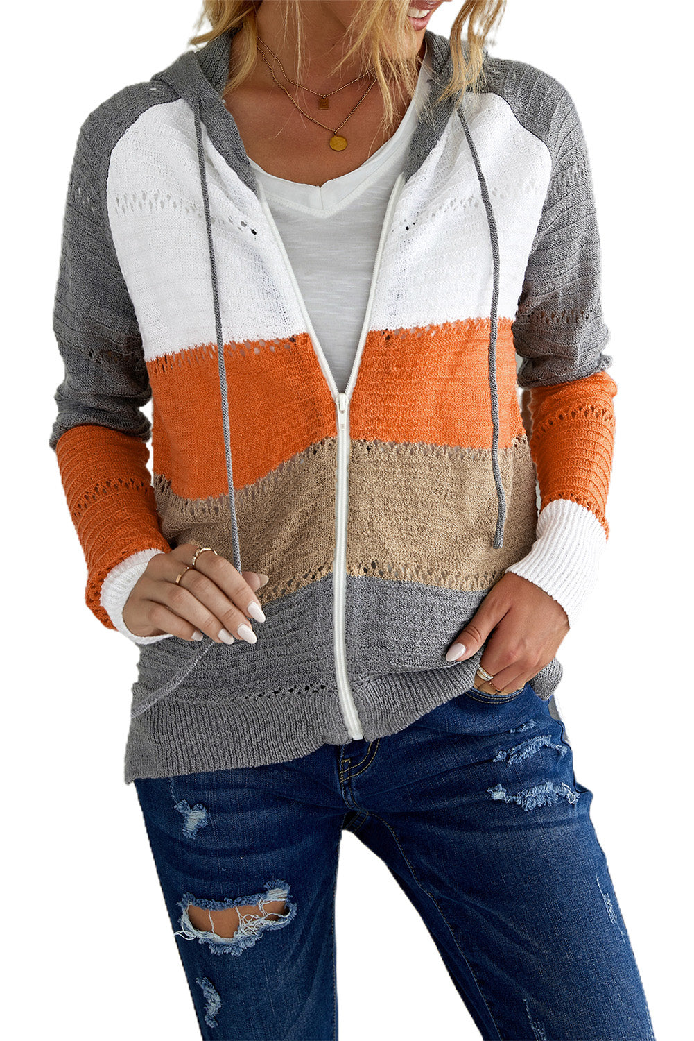Gray Zipped Front Colorblock Hollow-out Knit Hoodie Sweatshirts & Hoodies JT's Designer Fashion
