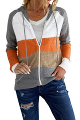 Gray Zipped Front Colorblock Hollow-out Knit Hoodie Sweatshirts & Hoodies JT's Designer Fashion
