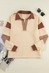 Light French Beige Striped Colorblock Patchwork Collar Sweatshirt Sweatshirts & Hoodies JT's Designer Fashion